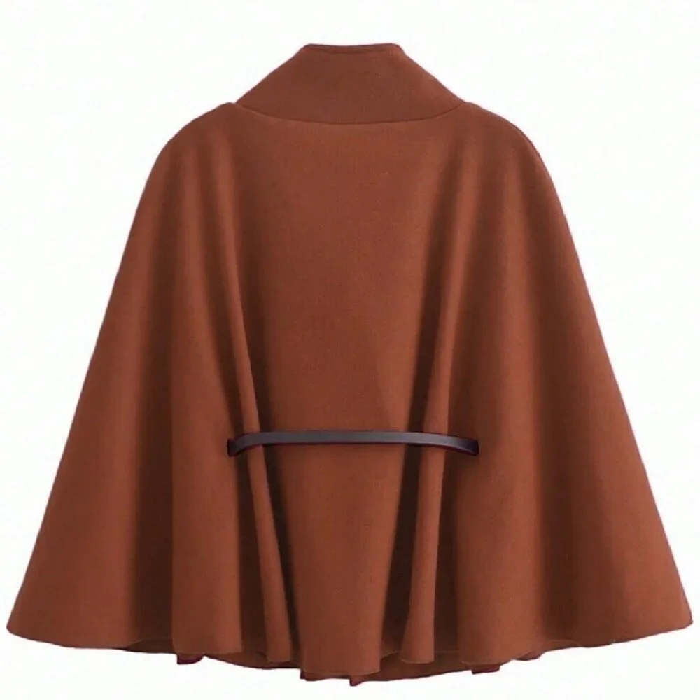 Brown Elegant Womens Stand Collar Loose Poncho Cloak Jacket